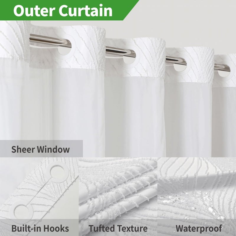 eachope No Hook Shower Curtain and Liner Set,No Hook Tufted Striped Textured Shower Curtain with Snap in Liner Replacement and Waterproof Fabric,Boho Style with See Through Top Window,White,71Wx74H - Image 3